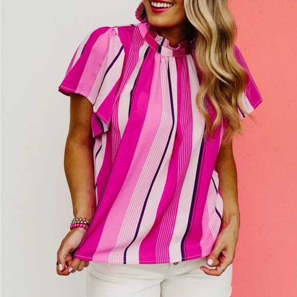 THML Blouse Women’s Sz M Davis Striped Pink/Purple Feminine Chic Summer NWT - Picture 7 of 10